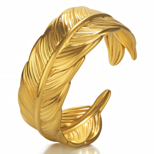 Gold feather wrap ring with detailed texture and open cuff design